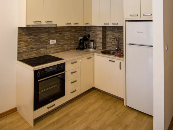 Modern kitchen with stone backsplash and full appliances, Plumeria Loft Budva